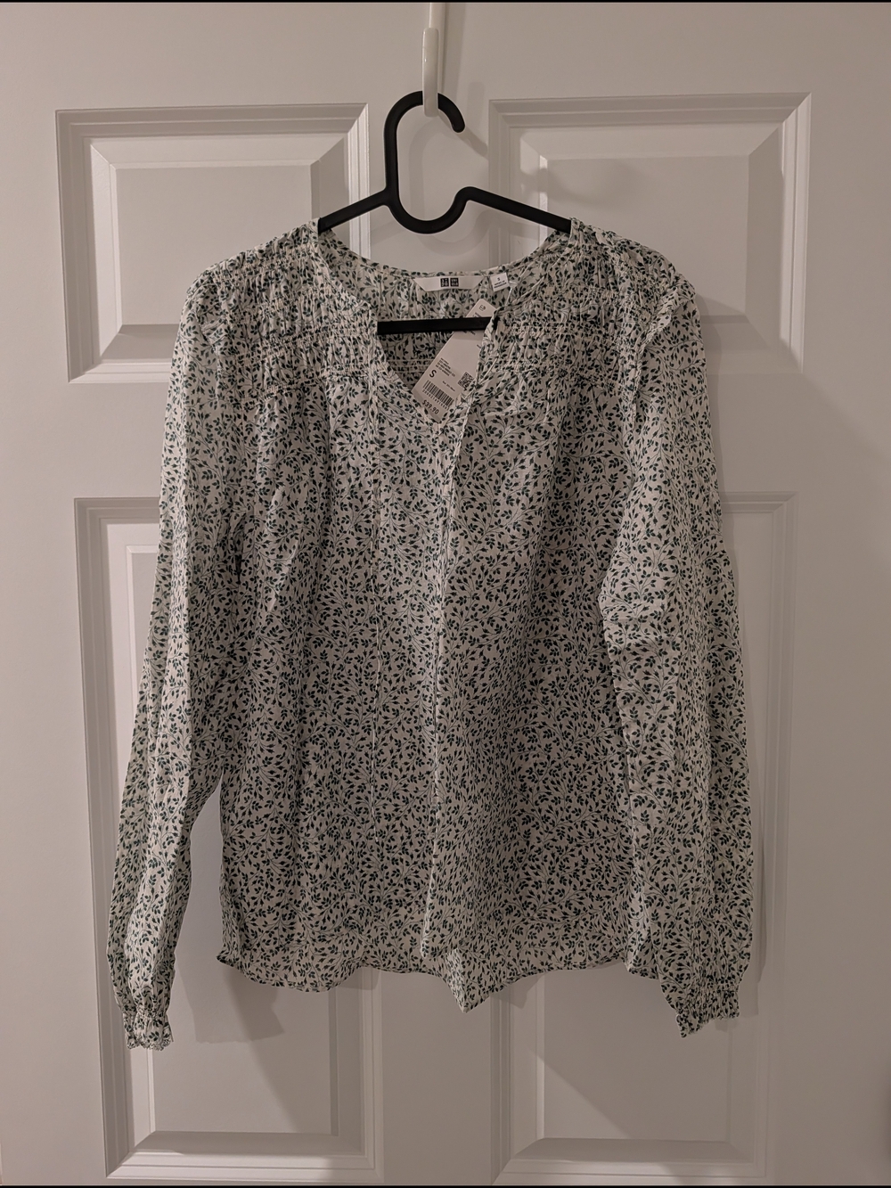 Uniqlo White Blouse with Green Leaf Print, Small